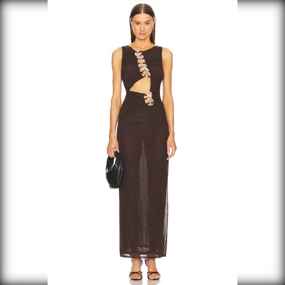 L'Academie Black Cutout Maxi Dress with Gold Chain Accents